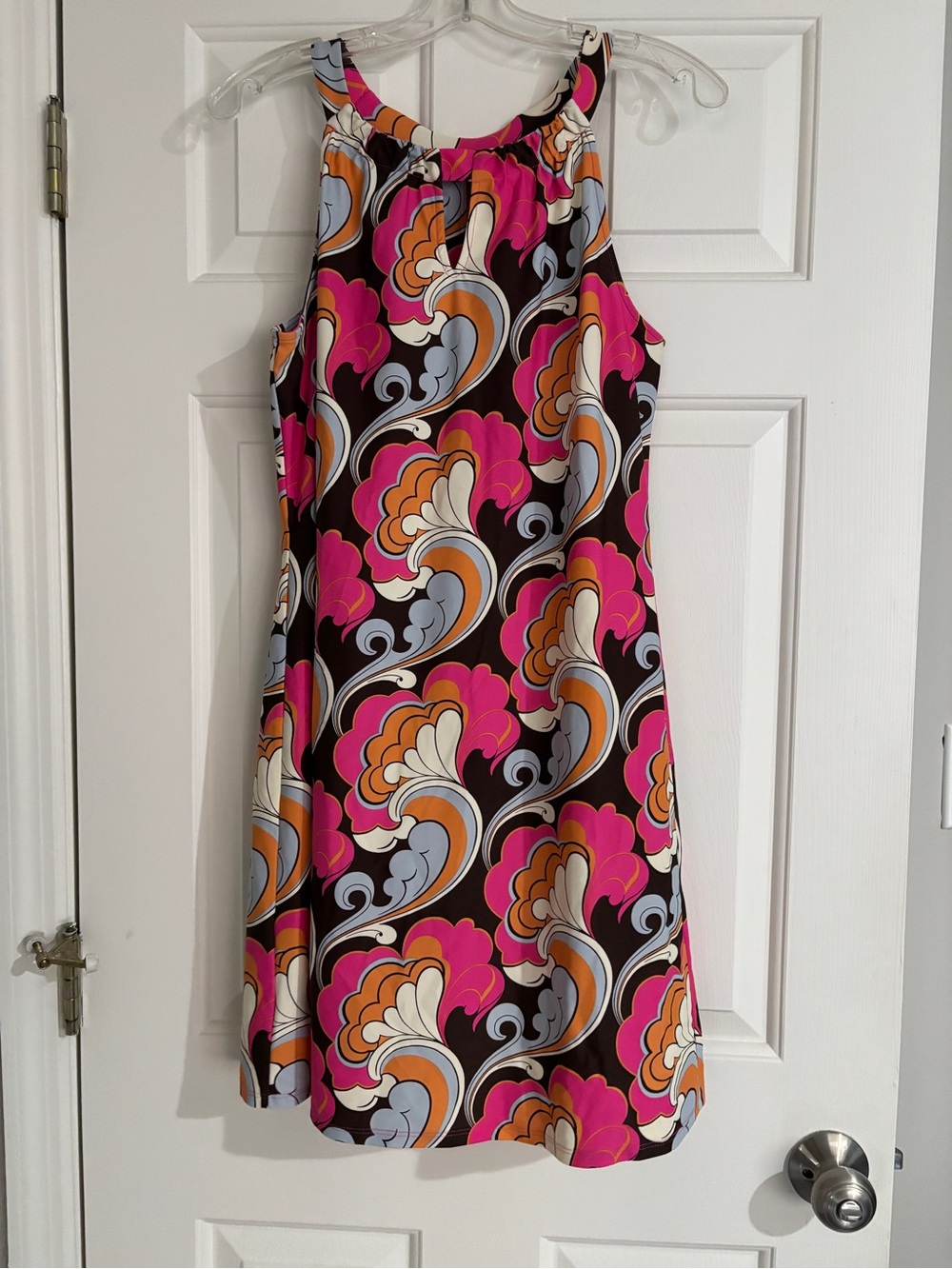 Jude Connally Lisa Pink Orange Retro Swirl Print Keyhole A-Line Dress - Medium